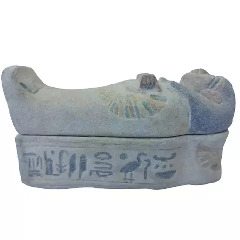Royal Coffin Statue – 18 cm Handmade Egyptian Sandstone Sarcophagus | Vintage Pharaonic Decor