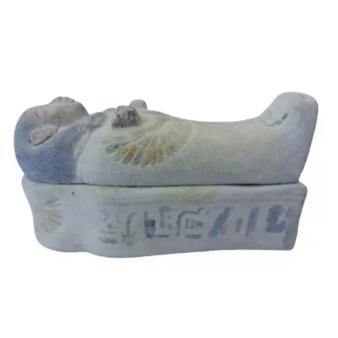 Royal Coffin Statue – 18 cm Handmade Egyptian Sandstone Sarcophagus | Vintage Pharaonic Decor